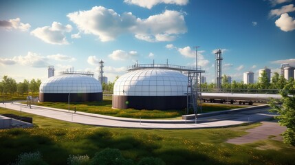 Fototapeta premium A large spherical gas storage tank located in a green field under a blue sky with white clouds.