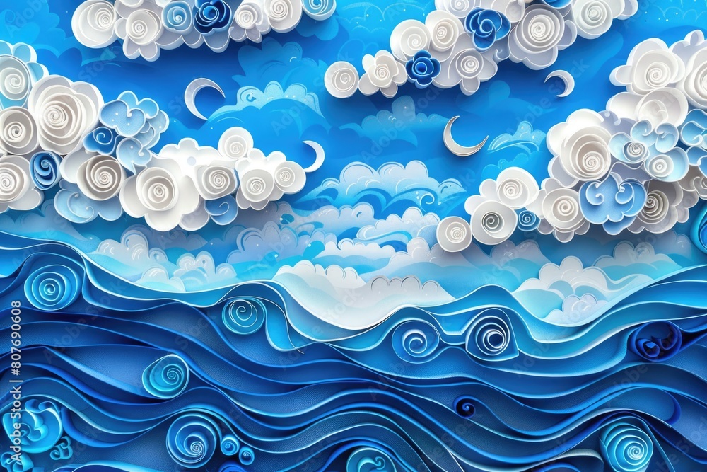 Poster paper cut of a serene blue ocean with fluffy clouds, perfect for background use
