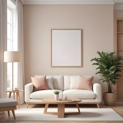 Fototapeta premium 3d rendered empty frame picture mockup in cozy living room