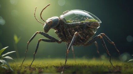 A close-up photo of a green leaf with a small black bug perched on it