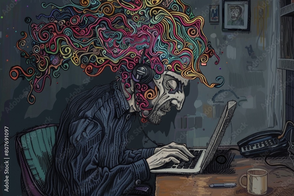 Poster A man sitting at a desk with a laptop computer. Suitable for business and technology concepts