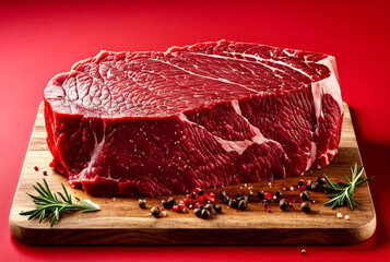 Tasty raw veal or beef meat on red cutting board. Fresh meat is ready to prepare delicious meal. Raw pork steak for banner or website format. Copy space site