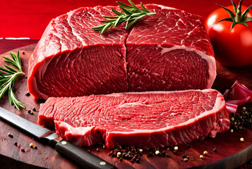 Tasty raw veal or beef meat on red cutting board. Fresh meat is ready to prepare delicious meal. Raw pork steak for banner or website format. Copy space site