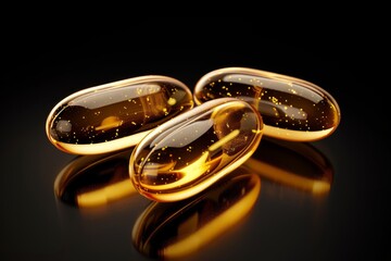 Golden Omega-3 Fish Oil Capsules on Reflective Black Surface