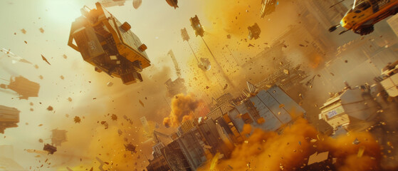 Chaotic cityscape upheaval with airborne vehicles and explosive action in an orange-tinted scene.