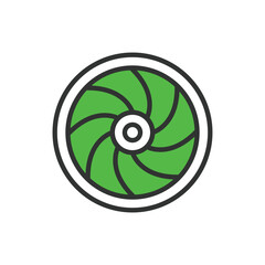 Turbine, in line design, green. Turbine, energy, power, wind, generator, rotation, blade on white background vector. Turbine editable stroke icon.