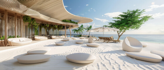 Fototapeta premium A tranquil tropical resort beckons with an organic architecture blending seamlessly with nature.