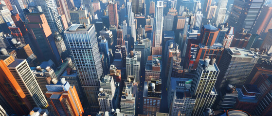 Urban expanse unfolds beneath a clear sky, with a sharp aerial view of a bustling metropolis.