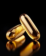 Golden Capsules on Reflective Surface - Symbolizing Luxury and Advanced Health Supplements