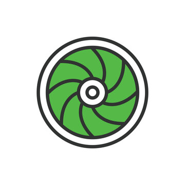 recommend clip art: Turbine, in line design, green. Turbine, energy, power, wind, generator, rotation, blade on white background vector. Turbine editable stroke icon.