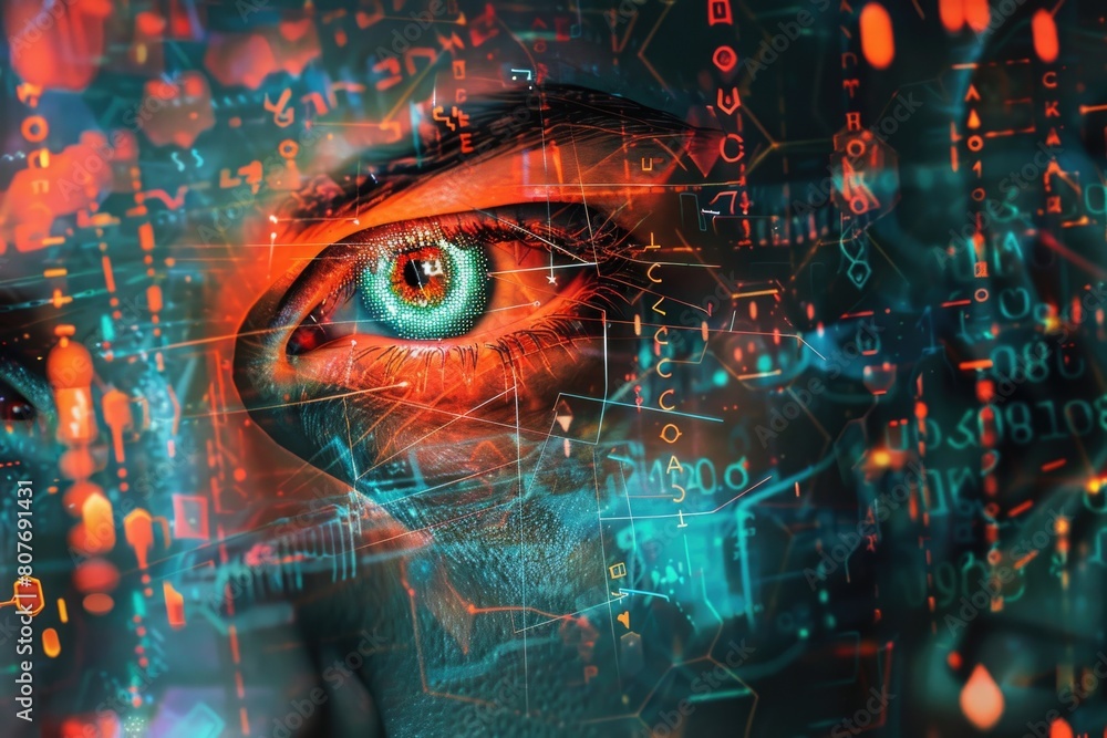 Poster Close up of a person's eye with numbers and symbols in the background. Suitable for technology and security concepts
