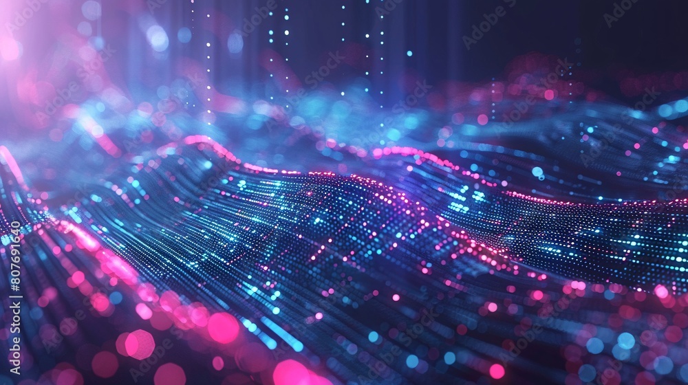Poster abstract background where technology particles weave together lines of code, illustrating the interc