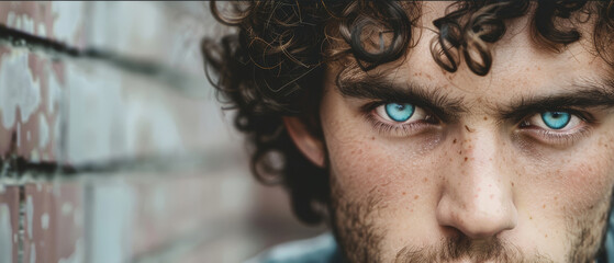 An intense gaze from a young man with striking blue eyes and curly hair.