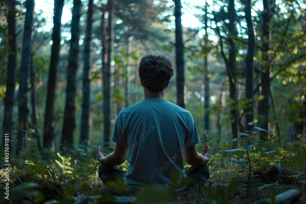 Poster a man sitting in the middle of a forest, perfect for nature and solitude concepts