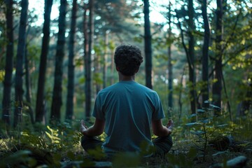 A man sitting in the middle of a forest, perfect for nature and solitude concepts