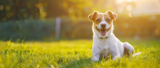 Joyful puppy enjoying a sunny day on a lush green lawn. - Powered by Adobe