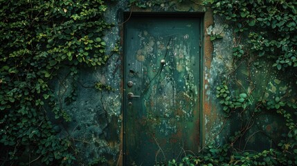 A green door surrounded by ivys. Suitable for home decor
