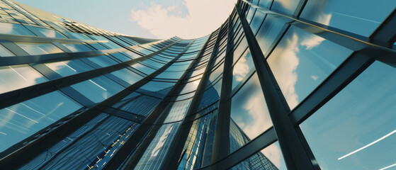 A towering skyscraper rises, reflecting the blue sky on its glass facade.