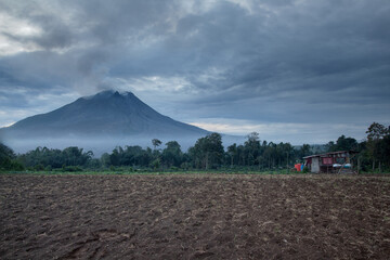 Farmers hut and farmlands of rural  North Sumatra around Sinabung volcano