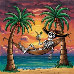 Relaxing Skeleton in Hammock at Tropical Beach Sunset with Cocktail