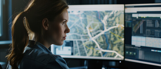 Professional woman analyzes data on multiple computer screens.