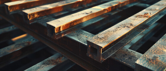 Close-up of corroded metal beams in golden evening light.