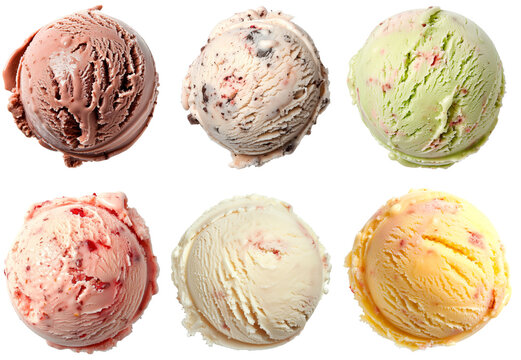 Set of ice cream scoops in different flavours and colours, top view, chocolate, cookies, green apple, strawberry, vanilla and mango, isolated on a white background
