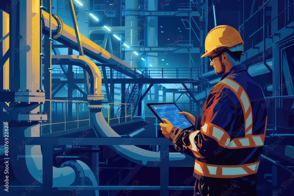 Poster a man in a hard hat holding a tablet computer. suitable for construction industry projects