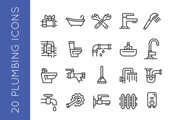 Plumbing icons. Set of 20 plumbing trendy minimal icons. Pipe, Faucet, Tap, Toilet, Shower, Wrench, Valve, Sink icon. Design signs for web page, mobile app, home services. Vector illustration.