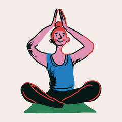 Happy woman is sitting in yoga pose on green mat. Her legs crossed and hands above her head. Lotus position while meditating