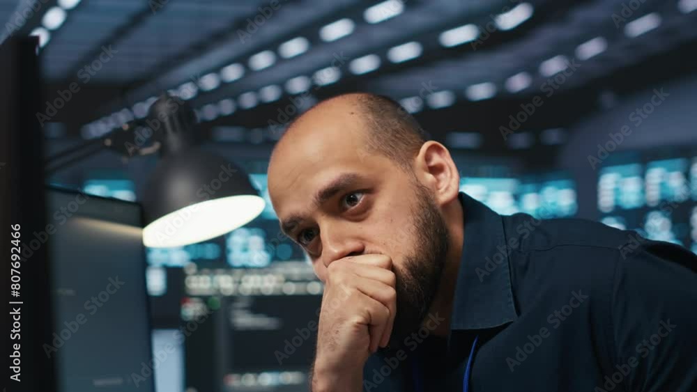 Poster overworked engineer feeling stressed while coding in data center facility, trying to ensure optimal 