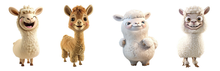 Set of 3D cute cartoon happy alpaca, isolated on white background, png
