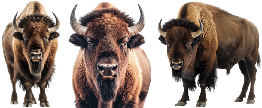American bison bundle, portrait and standing, isolated on a transparent background
