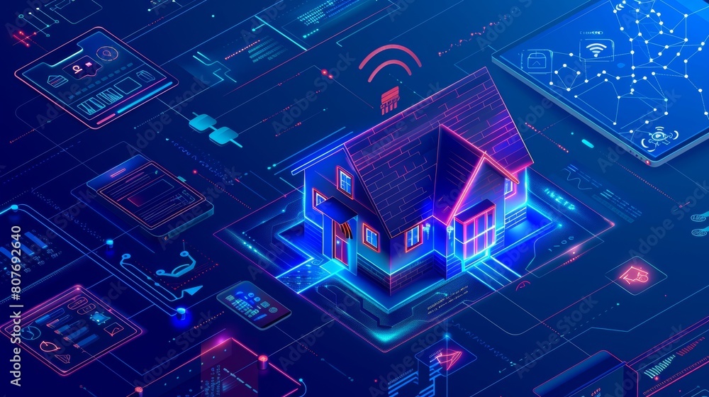 Poster this is an isometric visual display with interface, showing smart house equipment and services for h