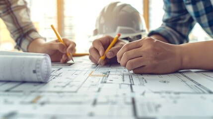 Detailed planning process with architects collaboratively working over blueprints at a construction site