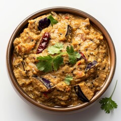 Fototapeta premium Vibrant bowl filled with Baingan Bharta curry, topped with fresh cilantro
