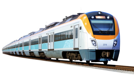 Fototapeta premium The long composition of city electric trains stretches across the urban landscape