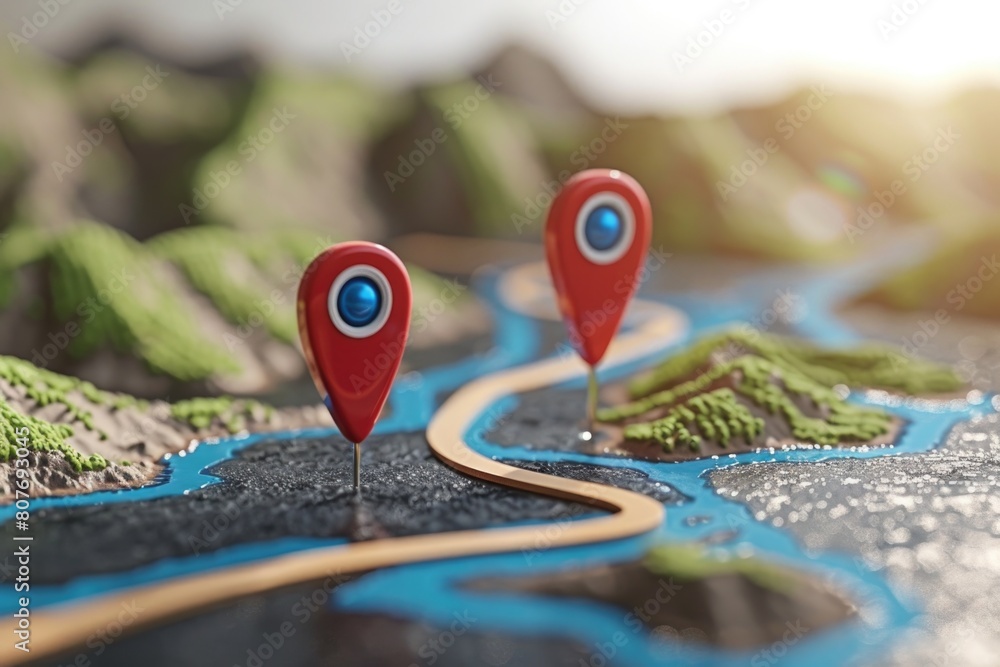 Poster A detailed close-up of a map with pins, perfect for travel or navigation concepts