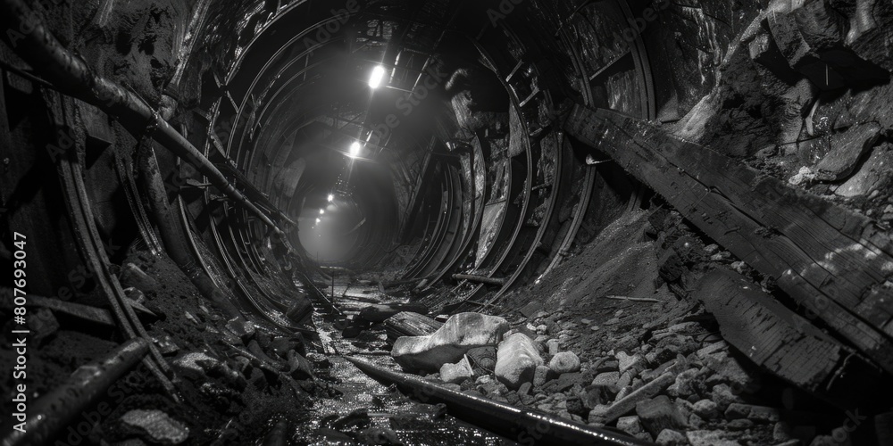Poster a black and white photo of a dark tunnel, suitable for various design projects