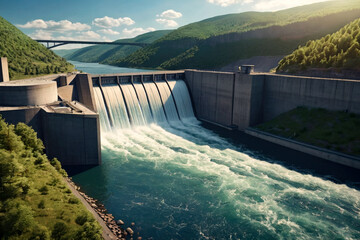View of modern giant dam, hydroelectric power station. Hydro electrification concept. Copy ad text space