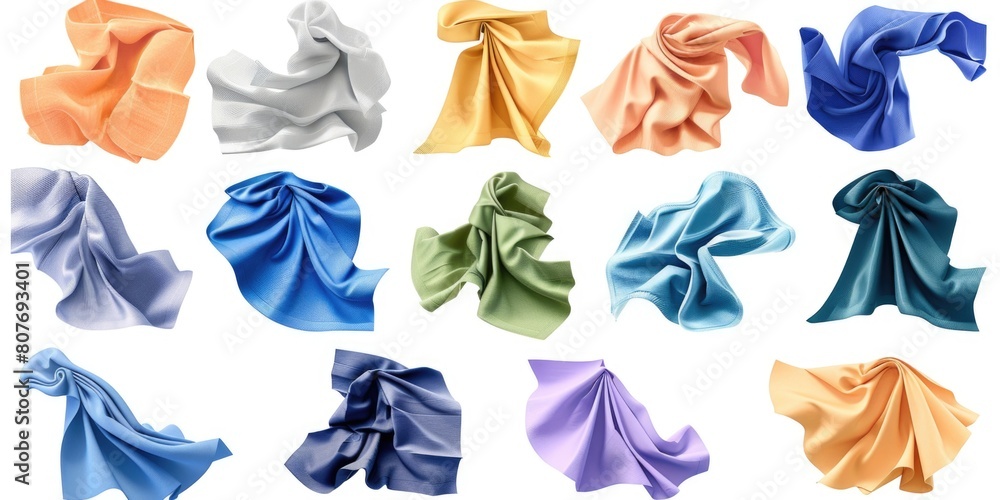 Poster various colored silks displayed on a clean white backdrop, versatile for various projects