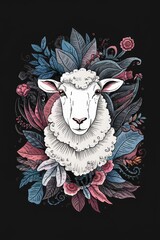 Elegant Sheep Surrounded by Intricate Floral and Botanical Patterns on Dark Background