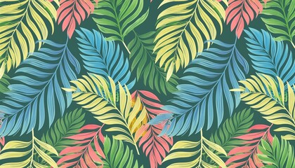 Fototapeta premium Beautiful autotraced seamless pattern with hand drawn watercolor colorful tropical palm leaves. Wallpapper textile fabric design.