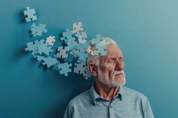 Elderly senior old thinking man suffering from dementia with puzzles on head