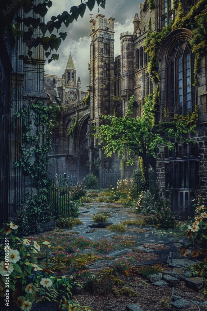 Aufkleber Courtyard scene with a clock tower in the background. Suitable for various projects