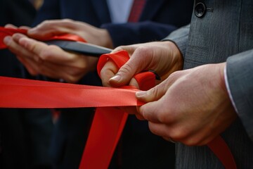 A man cutting a red ribbon with scissors. Perfect for business events