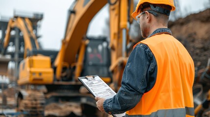A mechanical engineer is using checklist form to verify the excavator or earthmover machine condition before operating at construction site. Industrial working scene.