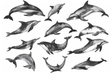 A group of dolphins gracefully swimming in the ocean. Perfect for marine life concepts