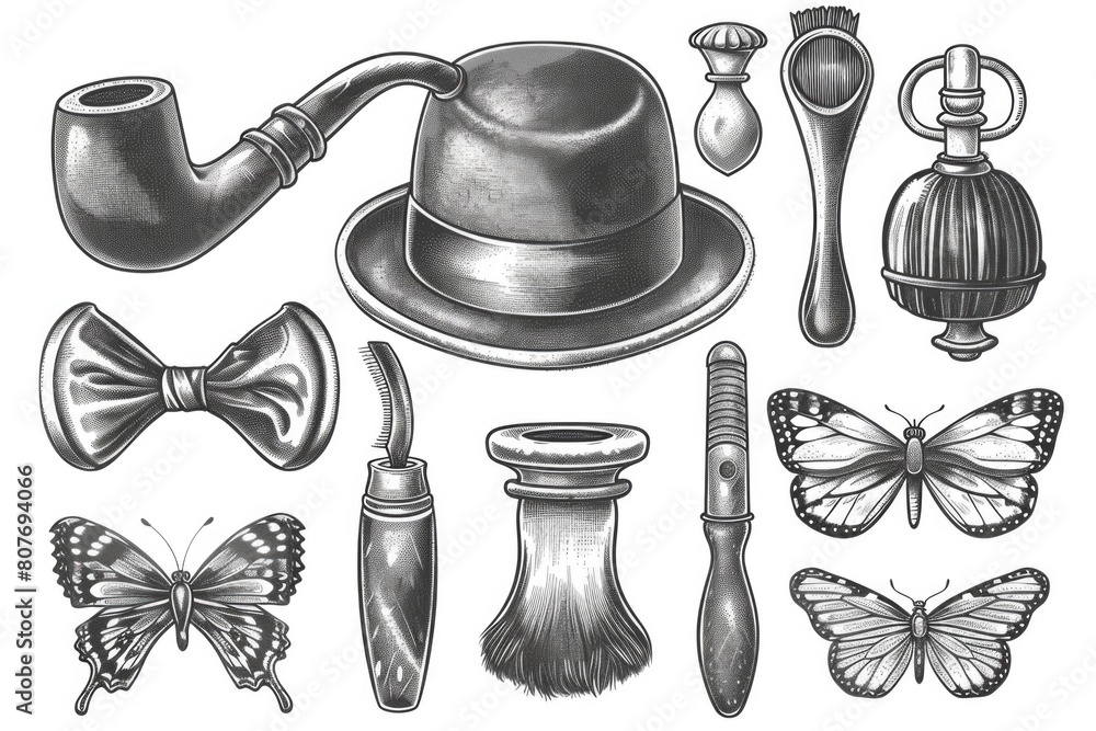 Aufkleber Illustration of various objects including a hat, pipe, and butterfly. Suitable for various design projects