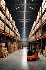 Industrial interior of large warehouse industrial with parked forklifts, crates, shelves, pallets and boxes. Industry warehouse interior and logistics concept. Gen ai illustration. Copy ad text space